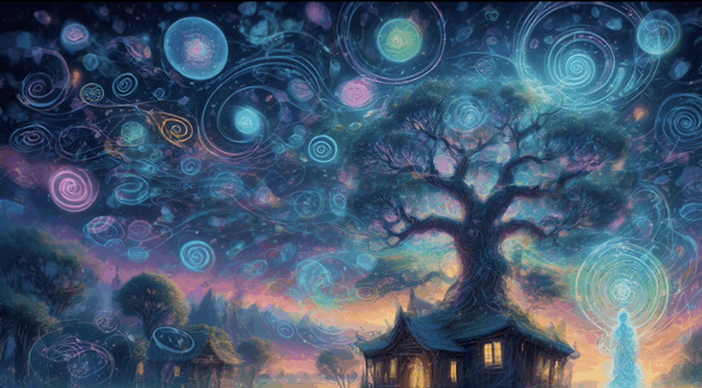 A glowing tree of light and memory spheres within a psychedelic temple landscape.